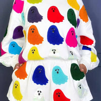 White ghost-print long sleeve top and shorts set, round neck, elastic waist