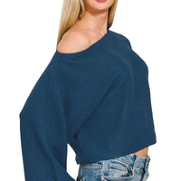 Teal boat-neck sweater with voluminous balloon sleeves and wide neckline