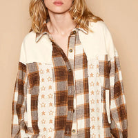 Beige plaid star patchwork long-sleeve shacket with button front