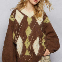 Mocha V-neck argyle mohair sweater with white/green diamonds and contrast exposed stitch detail
