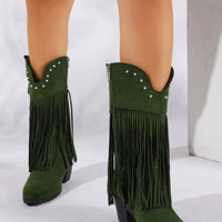 Dark green fringe boots with studded collar and side zipper, block heel