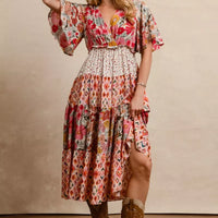 Rose floral midi dress with puff sleeves, tiered skirt and smocked waist