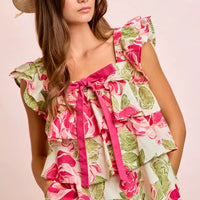 Floral ruffle square-neck top with bow tie at center, pink and green rose pattern
