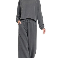 Dark gray washed terry pullover set with round neck and wide-leg pants