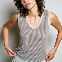 Light grey ribbed sleeveless tank with V-neck and contrast trim, front view.