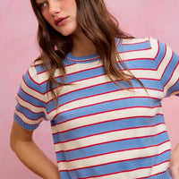 Striped knit crew neck short-sleeve sweater top, blue knit with red/white horizontal stripes