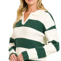 Striped collared sweater with long sleeves, hunter green and ivory horizontal stripes