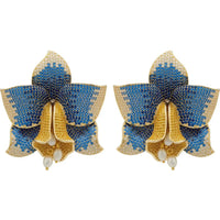 Blue crystal daffodil earrings with gold-tone leaves and pearl drops, pair view