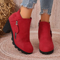 Red ankle boots with block heel, round toe, side zipper and decorative pull tab