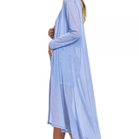Light blue mesh open-front long cardigan, draped silhouette with long sleeves