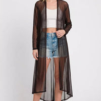 Black sheer mesh open-front cardigan with long sleeves, midi length