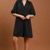 Black V-neck textured mini dress with short sleeves and relaxed A-line fit