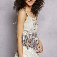 Natural lace-up tank with lace panel and multicolor fringe trim