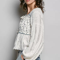 Cream lace square-neck top with blue-trim elastic waist and long balloon sleeves
