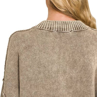 Brown washed oversized sweater back view with ribbed crew neckline and long sleeves