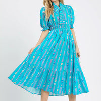 Mint blue mix smocked midi dress with ruffle sleeves and tiered skirt