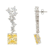 Silver drop earrings with stud backs: yellow topaz square and crystal row