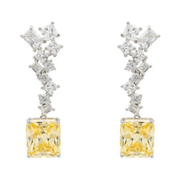 Silver drop earrings with lemon-yellow square topaz and white crystal clusters