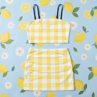Lemon and White Gingham Co Ord Set - Women's Crop Tank Top & Mini Skirt Two-Piece Outfit