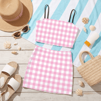 Baby Pink and White Gingham Co Ord Set - Women's Crop Tank Top & Mini Skirt Two-Piece