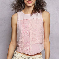Pink ribbed cropped tank with round neck and lace front yoke