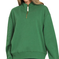Dark green fleece half-zip sweatshirt with stand collar and front zipper