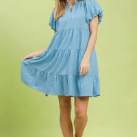 Peri blue tiered babydoll dress with puff sleeves and V-neck, above-knee length