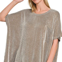 Oversized striped short-sleeve top with crew neck and ribbed corded texture, brown