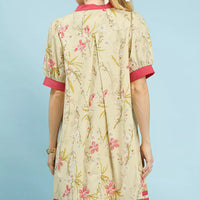 Floral puff-sleeve dress with pink back yoke and contrast hem trim, butter-yellow