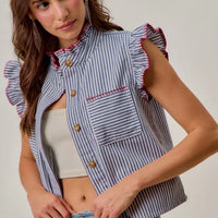 Ruffled sleeveless striped vest top with red-trim accents, front pockets, button closure