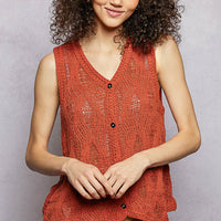 Rust orange V-neck button-front knit sweater vest, sleeveless