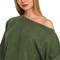 Dark olive boat-neck sweater with one-shoulder look and wide balloon sleeves