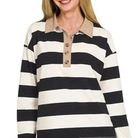 Striped polo tee with contrast collar, black-and-white horizontal stripes, button placket