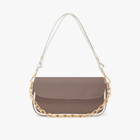 Small brown leather shoulder bag with front flap and gold chain strap
