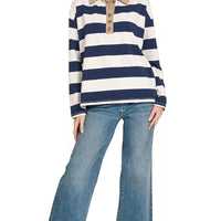 Navy and white striped contrast-collar polo tee with button placket and long sleeves