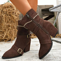 Brown suede point-toe ankle boots with block heels, buckles, and side zipper detail.