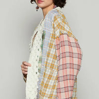 Open-front plaid cardigan, white raw-edge front with yellow and red side panel