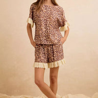 Leopard print ruffled top and shorts set with eyelet lace trim