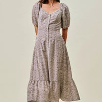 Ditsy floral midi dress with elastic waist and self belt, front view, tiered skirt hem