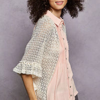 Womenโs baby pink button-front pleated shirt with lace crochet patch detail
