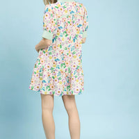 Green floral tiered babydoll dress, ruffle collar detail, back view