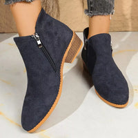 Dark navy suede point-toe block heel ankle boots with side zipper
