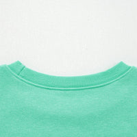 Turquoise crewneck sweatshirt ribbed neckline close-up