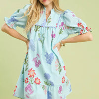 Seafoam floral print V-neck dress with puff sleeves and gathered bodice