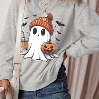 Gray crew sweatshirt with ghost holding pumpkin and striped knit beanie