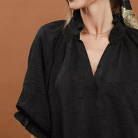 Black V-neck textured dress detail view with gathered neckline and flutter sleeves