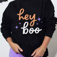 Black Halloween sweatshirt with 'hey boo' front graphic, loose fit, long sleeves