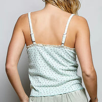 Mint ribbed knit cami, square back with thin straps and small allover print