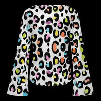 Women's Multi Color Leopard Print Boat Neck Flare Sleeve Top