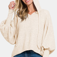 Sand beige brushed hacci cropped hoodie with hood and relaxed long sleeves
